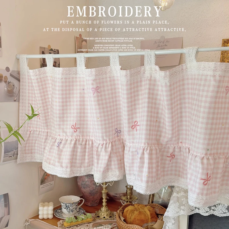 Korean Sweet Pink Lace Short Curtains for Kitchen Tab Top Plaid Half Curtains Bow Window Valance Cotton Curtain #A629