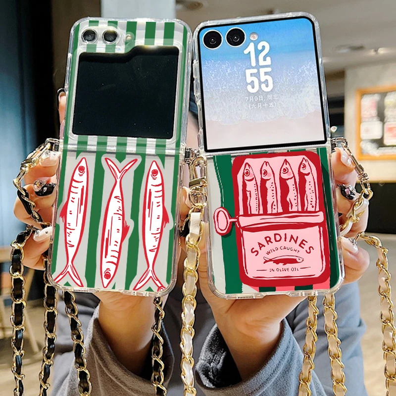 Sardines Crab Pattern Lanyard Phone Case For Samsung Galaxy Z Flip 8 7 6 5 4 3 5G Flip8 Flip7 FE Flip6 Crossbody Rope Soft Cover