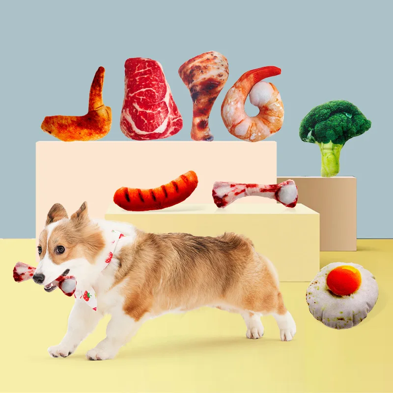 Simulated meat bone dog toy, vegetable fried egg, large chicken leg plush chew toy, interactive steak dog toy