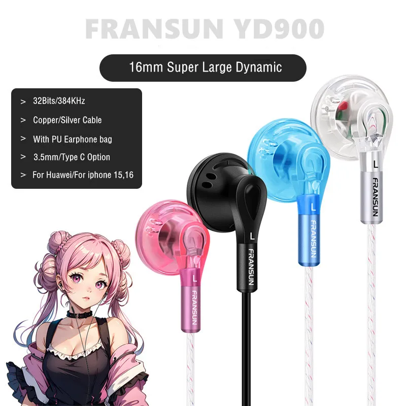 FRANSUN YD900 Flat Head Earphone Vido Earbud Type C 3.5mm HiFi In Ear Earphone for Huwwei iphone 15 16