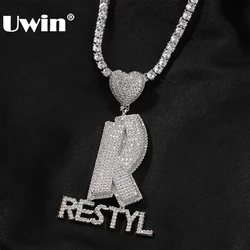 UWIN Customized Stacked Names Pendant for Men Women Iced Out Cubic Zirconia Letters Charms with Heart Bail Fashion Jewelry