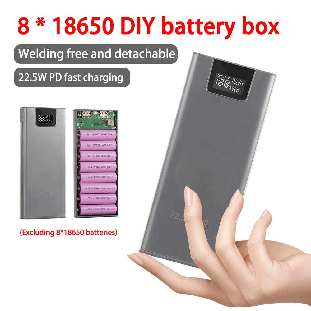 22.5w Fast Charging 8*18650 Battery Storage Case Digital Display Soldering Free Detachable Mobile Power Supply Box With Light