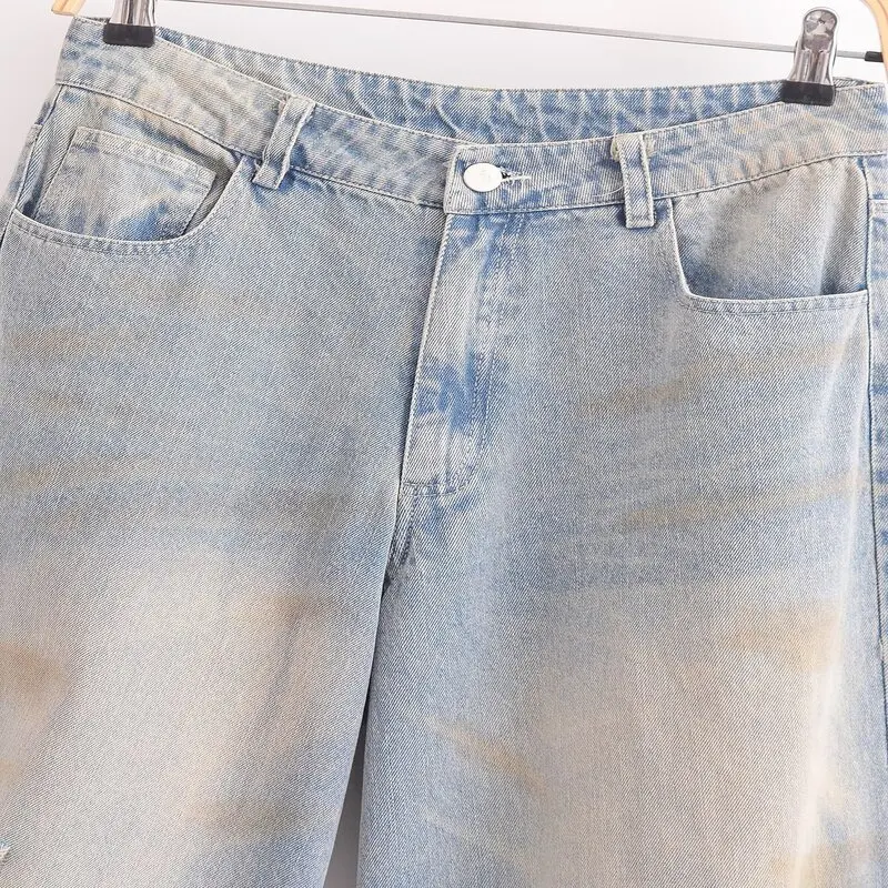 ربيع 2025 جينز نسائي ممزق من قماش الدنيم عتيق مع مظهر بالون قطع l سروال طويل الخصر من قماش الدنيم للسيدات