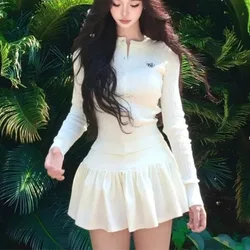Autumn 2 Piece Sets Women Casual Long Sleeve Knitted Sweater Suits Y2k Crop Top Cardigan + Mini Skirts American Vintage Chic