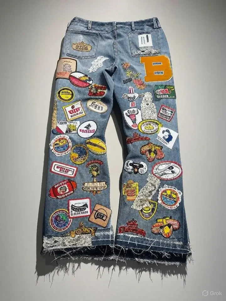 Streetwear Vintage Multi-Patch Jeans desgastados para mujer y hombre Pantalones vaqueros acampanados azules con logotipos bordados Agujeros deshilachados Estilo Y2K