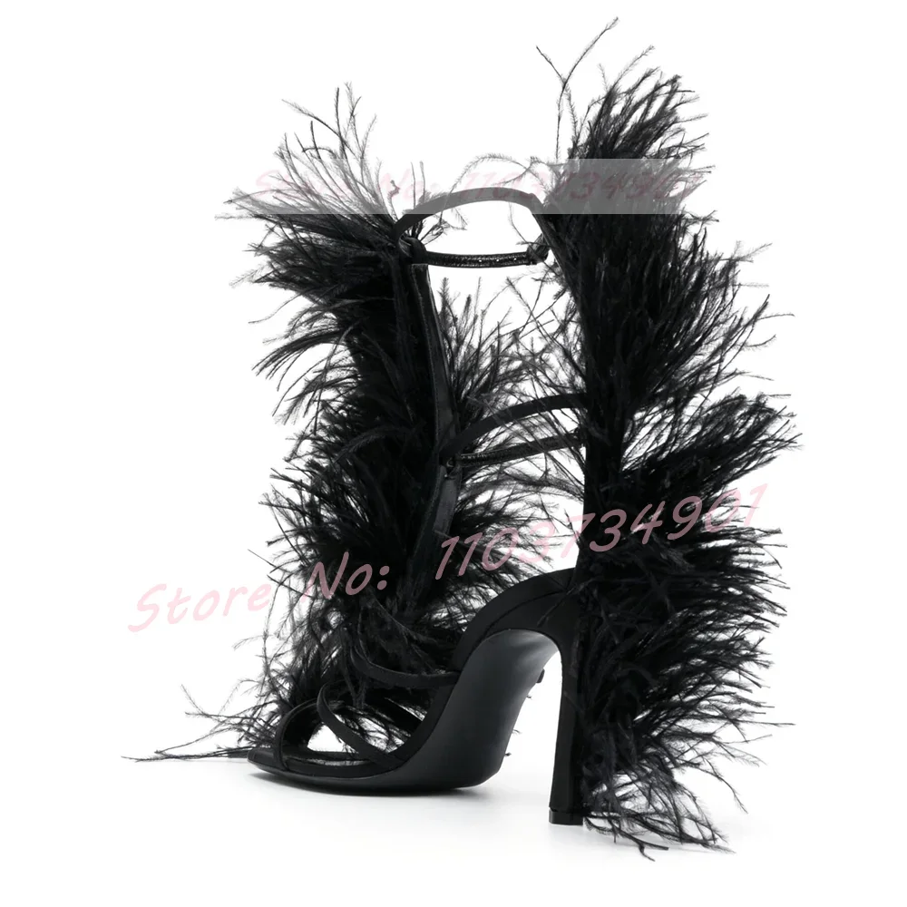 Fluffy Feather Square Toe Sandals Women Party Buckle Strap Stiletto High Heels Shoes Female Sweet Elegant Rose Red Sandals