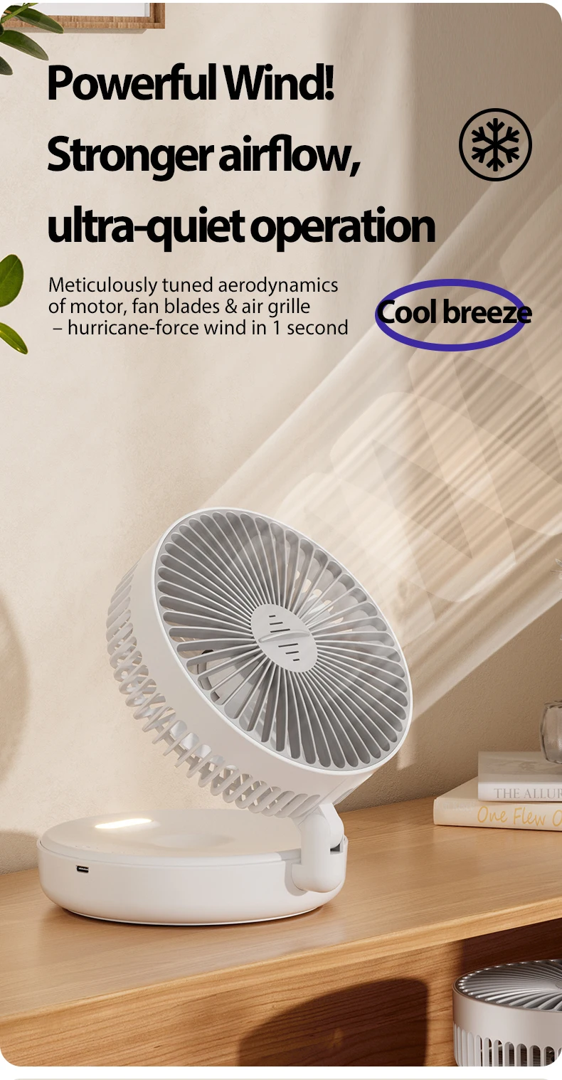 1 x wiederaufladbarer 3-in-1-Multifunktions-Desktop-Lüfter, 90 ° Faltbarer, wandmontierter Ventilator, 4-stufige Geschwindigkeiten, mit warmem Nachtlicht – Detail 5