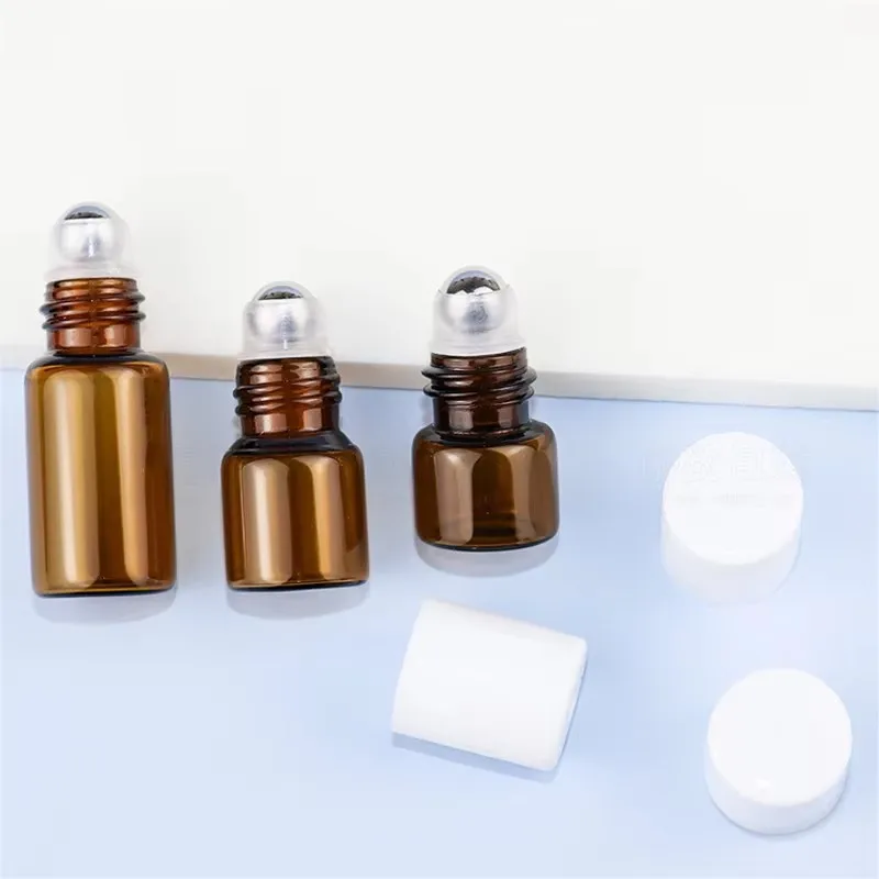 50pcs 1ml 2ml 3ml 5ml Amber Thin Glass Roll on Bottle Sample Test Essential Oil Vials with Roller Metal Ball