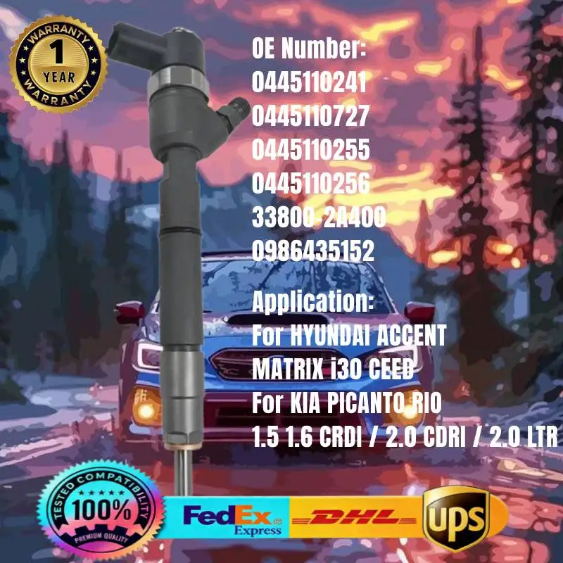 

0445110241 0445110727 33800-2A400 0986435152 Fuel Injector for Hyundai i30 Accent Matrix Kia Rio Cerato 1.5 1.6 CRDi D4FA Engine