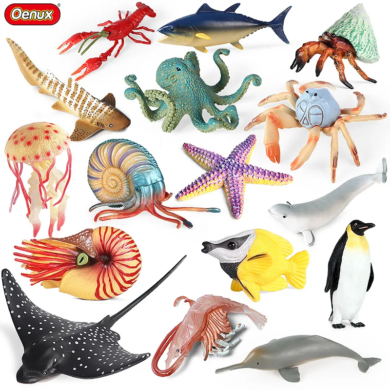 Oenux New Ocean Jellyfish Shark Crab Clownfish Lobster Shrimp Penguin Sea Life Animal Model Action Figures PVC Miniature Kid Toy