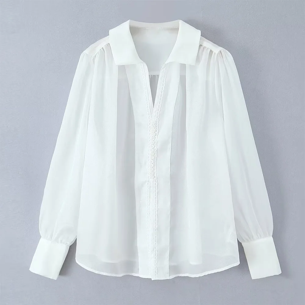 

WOMAN 2026 Summer New Fashion Single-breasted Buckle Perspective Blouses Retro Long Sleeve Casual Female Shirts Blusas Chic Tops