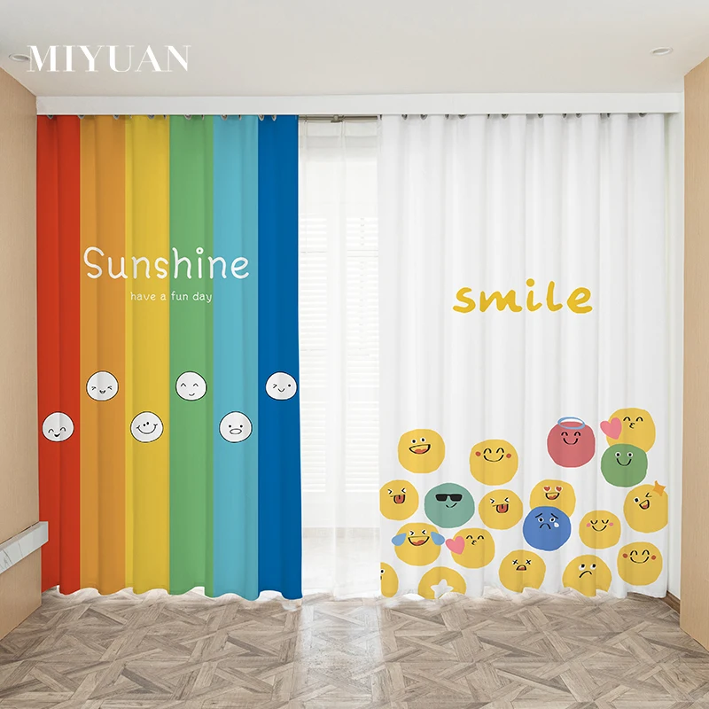 Wholesale Custom Cartoon Curtain Rainbow Smile Printed Environmental Friendly Window Curtain for Kids Bedroom Living Room Decor