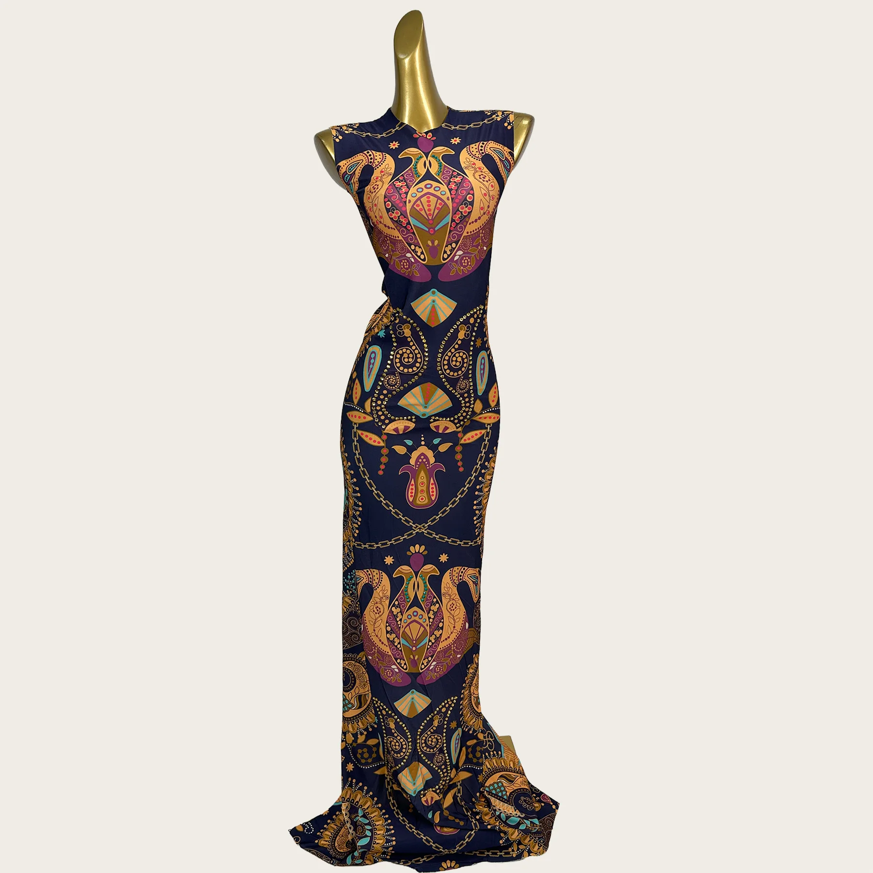 Spandex Elastic Vintage Tribal Print Maxi Dress Sexy Women Sleeveless Bodycon Elegant Evening Gown Prom Gala Event Outfit Gudian