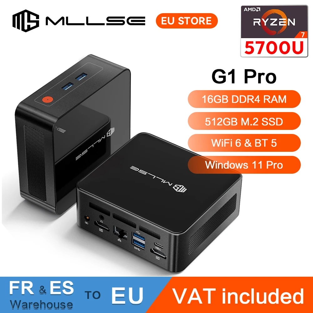 Mini PC MLLSE G1 Pro, processeur AMD Ryzen 7 5700U, DDR4 16 Go de RAM, SSD 512 Go, WiFi 6, BT5.2, Windows 11 Pro, mini ordinateur de bureau
