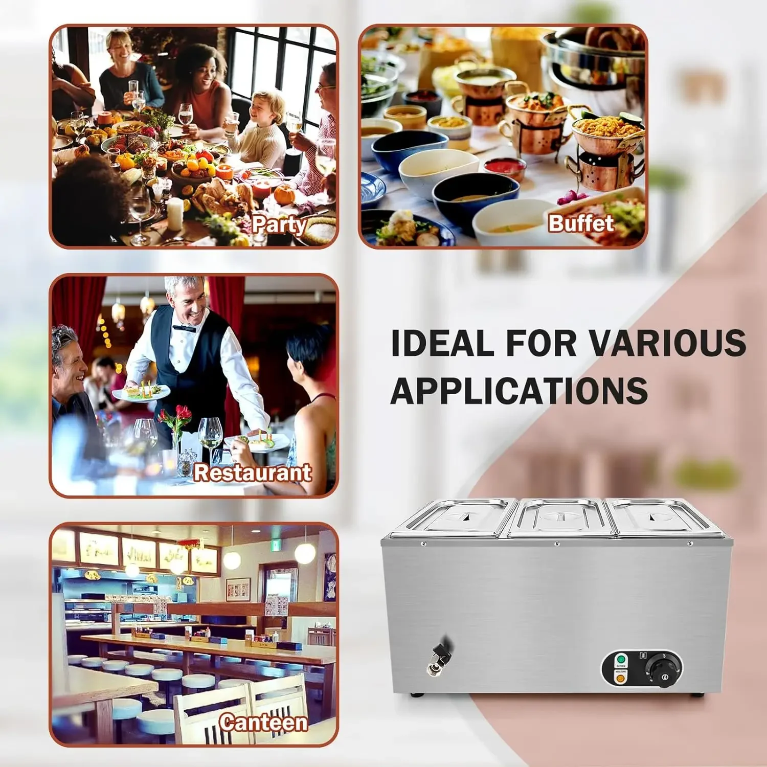 3-Pan Commercial Food Warmer - 1500W Electric Stainless Steel Food Warmer, 6.9 QT Steam Table Pan with 86-185°F Temp Control