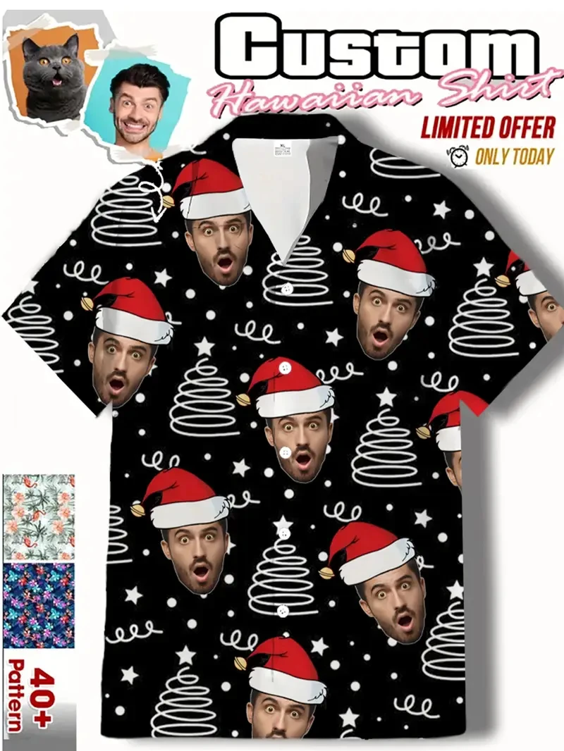 Funny Custom Face Design Christmas Hat Shirts Funny Holiday Mens Shirts Casual Button Down Xmas Shirts Y2k Unisex Blouses Tops