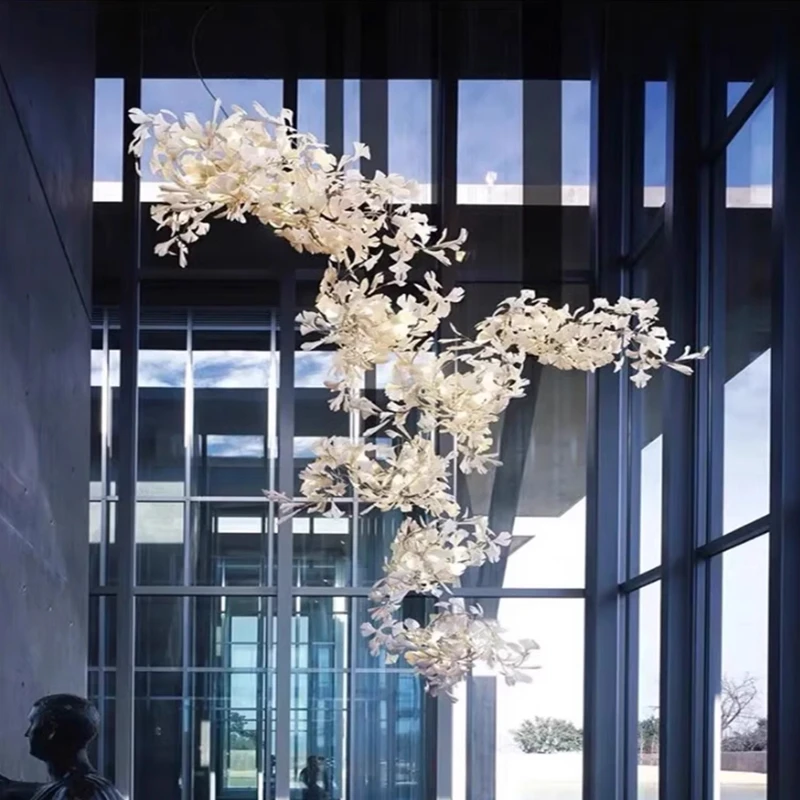 Gingko Leaf Combination Chandelier For Loft Stairscase Villa Hotel Living Room Ceramic Gingko Leaf Hanging Chandeliers