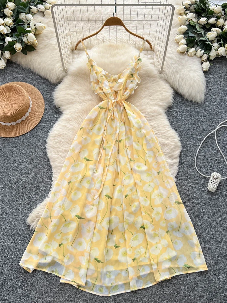 فستان خيالي لعطلة الصيف، فستان طويل بتصميم كوري، مزين بالخرز والزهور، مع حزام عند الخصر، تنورة على شكل حرف A، خصر مرتفع.