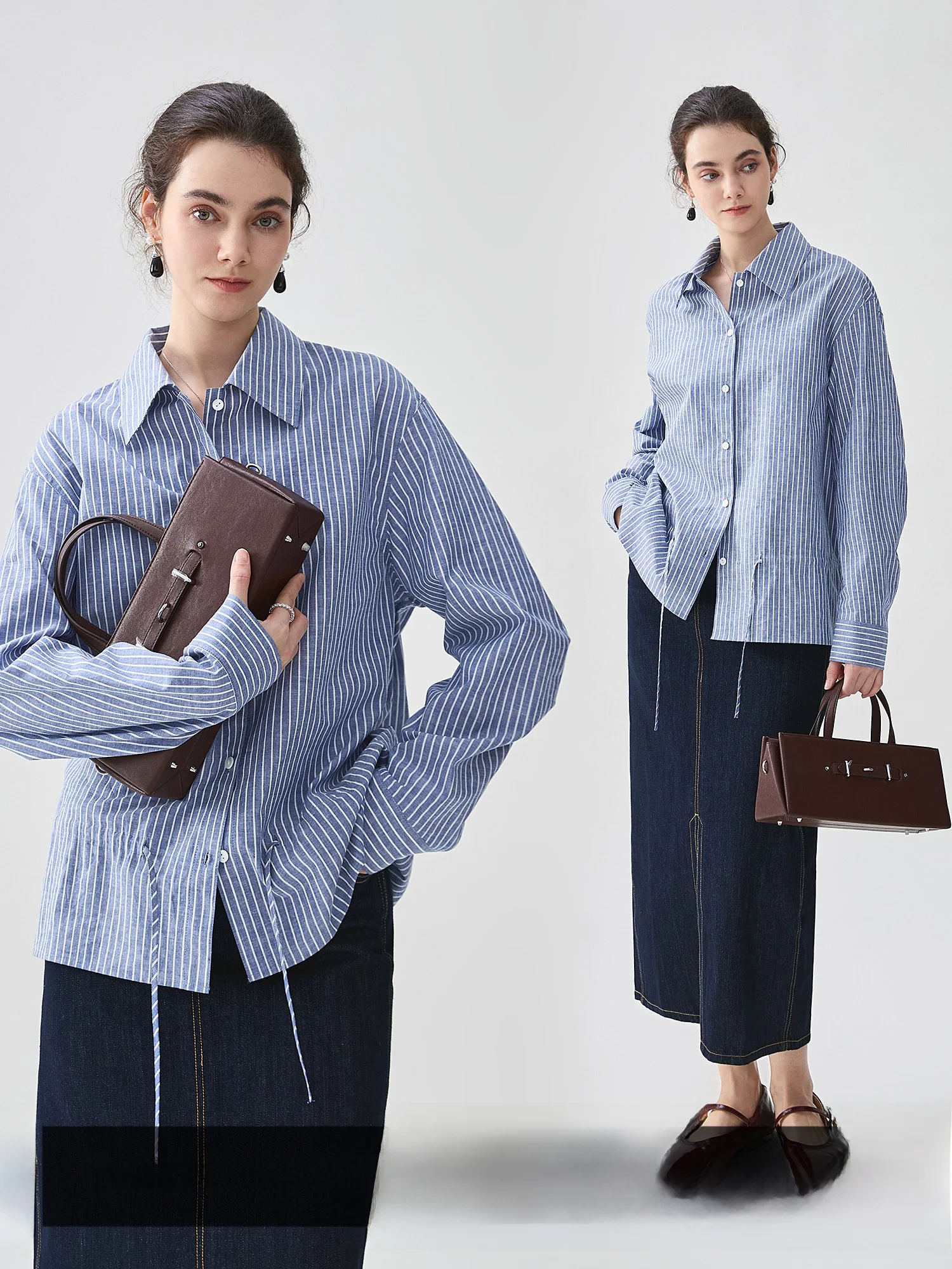 

Women's Slim Fit Striped Shirt Drawstring Loose Cotton Linen Long Sleeve Spring New Style Comfortable Breathable Business Top