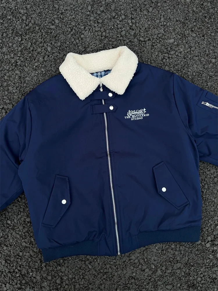 

American Retro Lamb Fur Collar Flight Jaet Men Women Winter Double-Sided Wear High-End Cotton Clothes Thi Outerwear