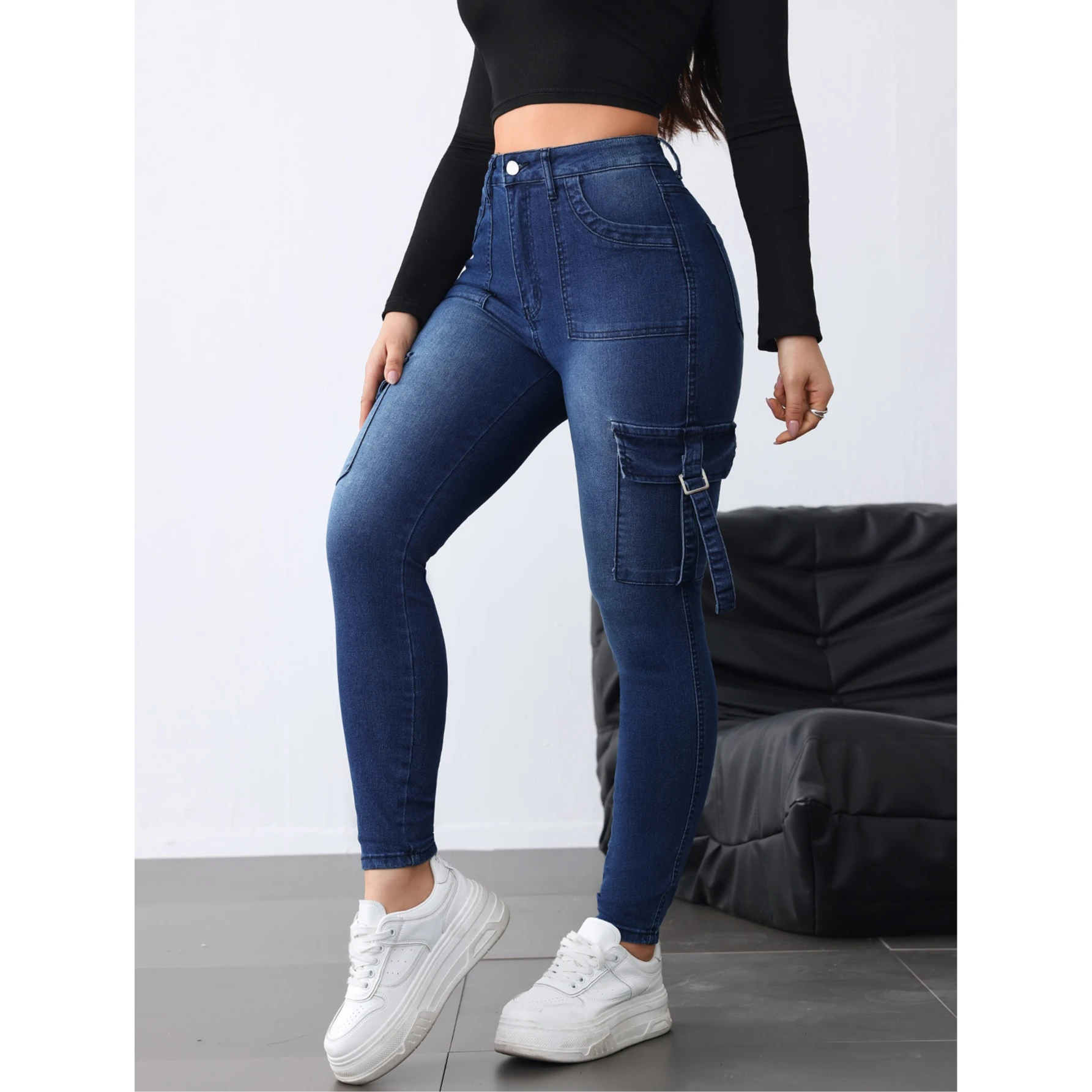 Women Stretch Skinny Pencil Jeans European Fashion Flap Pocket Cargo Slim Fit Daily Denim Trousers