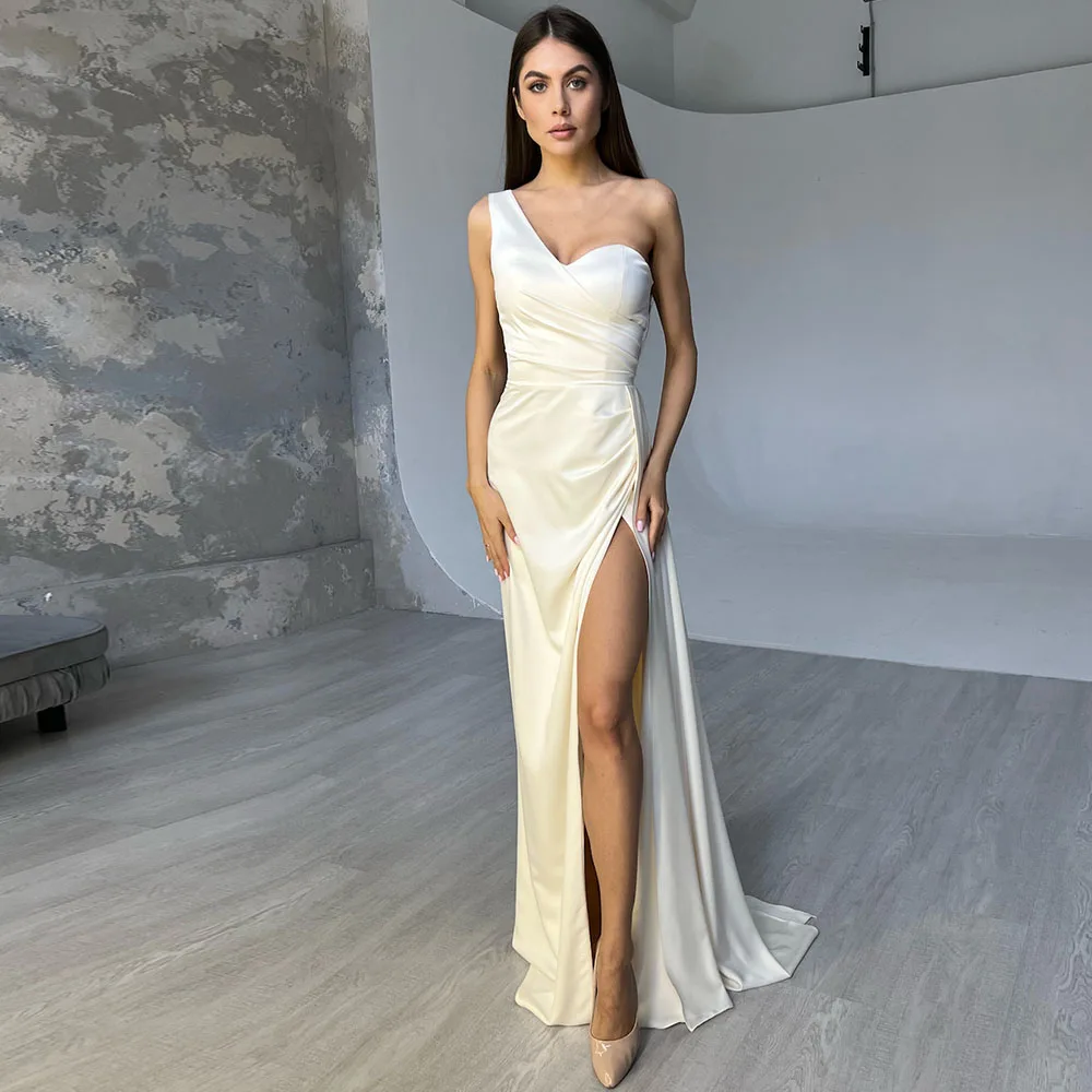 

One Shoulder Satin Evening Dresses for Women 2023 Floor Length Side Split Elegant Women Dress for Wedding Party فستان سهرة