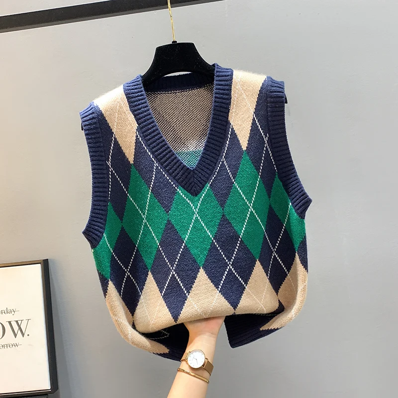 

Свободный женский вязаный жилет с ромбовидным узором, европейский стиль, верхняя одежда, модный повседневный стиль, V-образный вырез, без манжет, стандартная длина