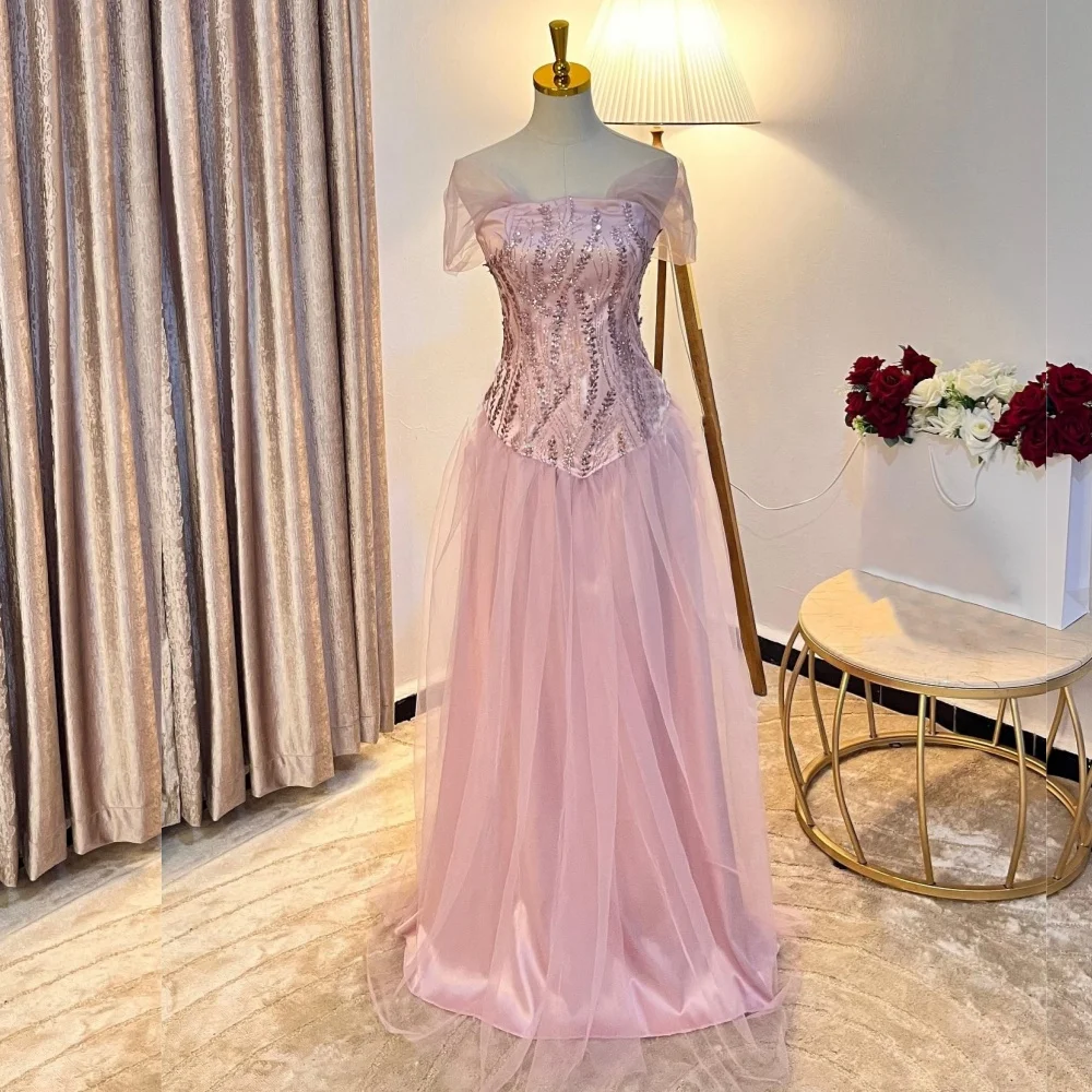 

Customized Charmeuse Sequined Off-the-shoulder A-line Floor-length Bespoke Occasion Prom Women Luxury Evening Engagement Party