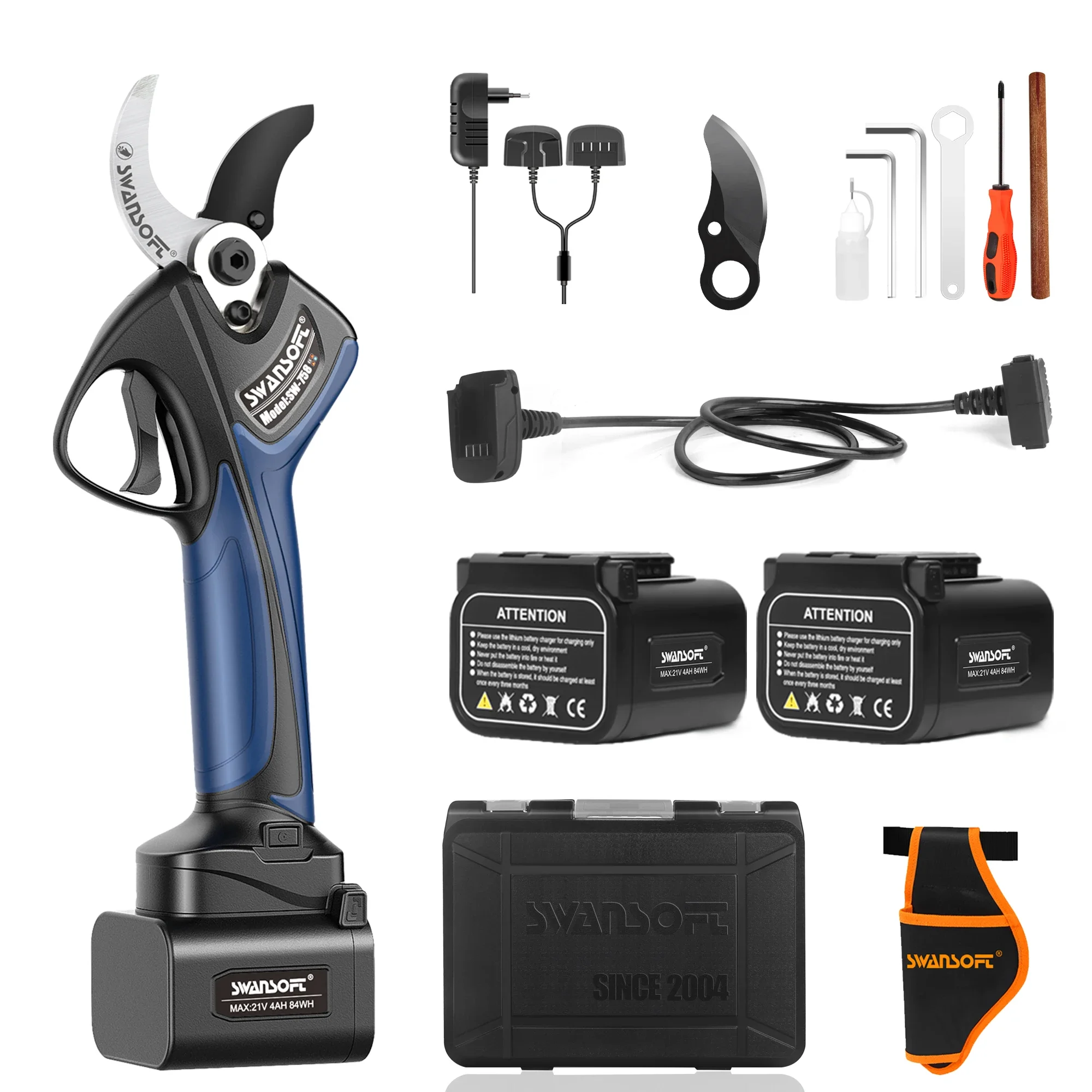 

Swansoft Cordless Pruner Electric Pruning Shears Battery Pruner SW-758, 1050W 21V 4AH Battery, Progressive Control