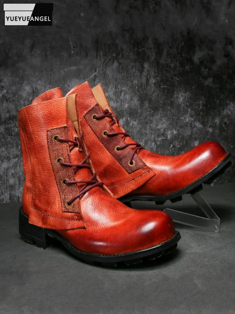 

Модные мужские и женские ботинки пустыни на шнуровке из коровьей кожи, высокие туфли из натуральной кожи, рабочая обувь на толстой платформе для езды на мотоцикле ручной работы