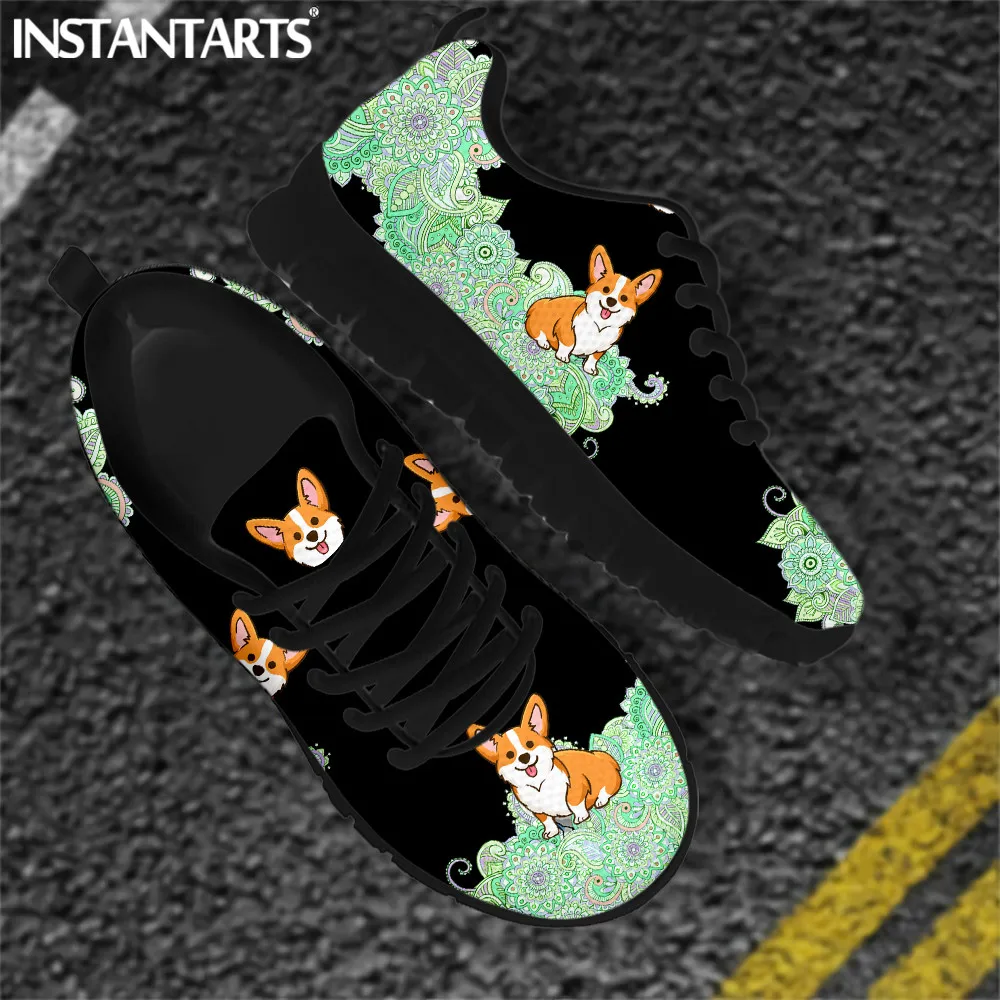 INSTANTARTS New Style Women Lace Up Flat Shoes Cartoon Corgi Mandala Pattern Cute Animal  Ladies Mesh Sneakers Casual Zapatillas