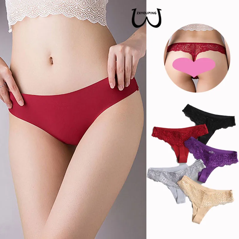 

Ice Silk Sexy One Piece Seamless Panties for Women Lace Splicing T Back Low Rise Cotton Crotch G String T Back Underwear