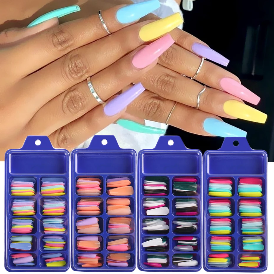 Conjunto de unhas falsas de acrílico, 100pcs, conjunto de dicas, gel, artificial, para extensão, caixão, esmalte, ferramentas, ke1895