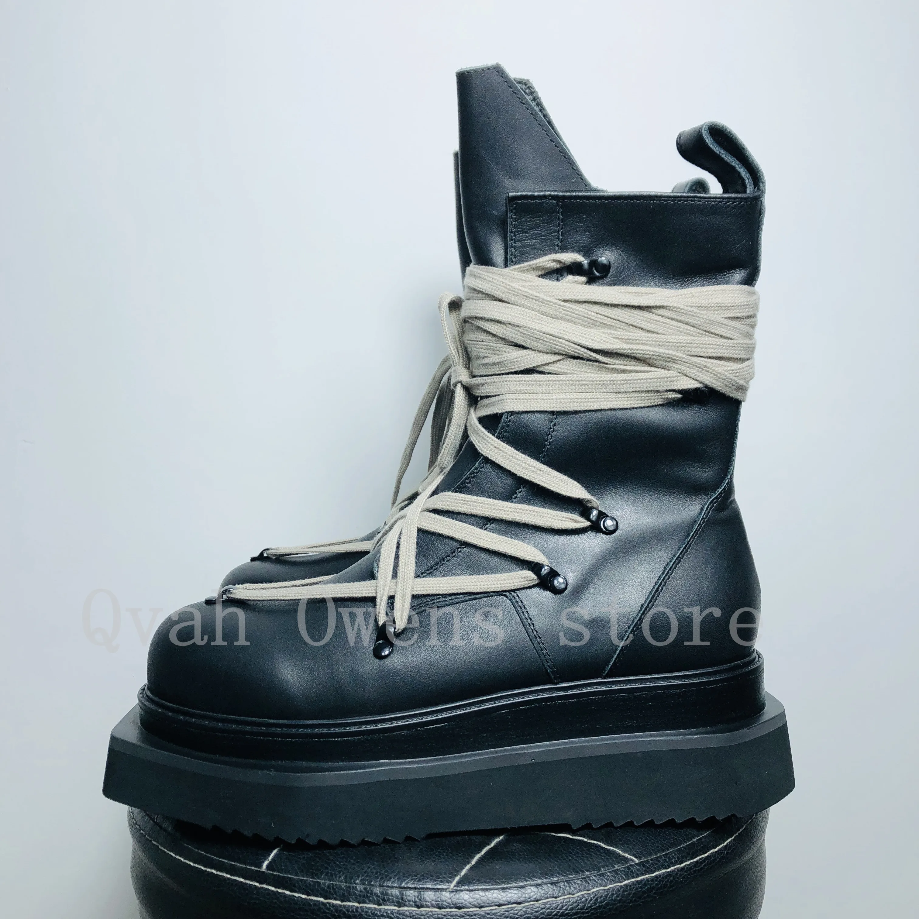 Men High Top Shoes Platform Sneakers Leather Lace Up Zip Heels Luxury Vintage Trendy Designer Male Boots Black