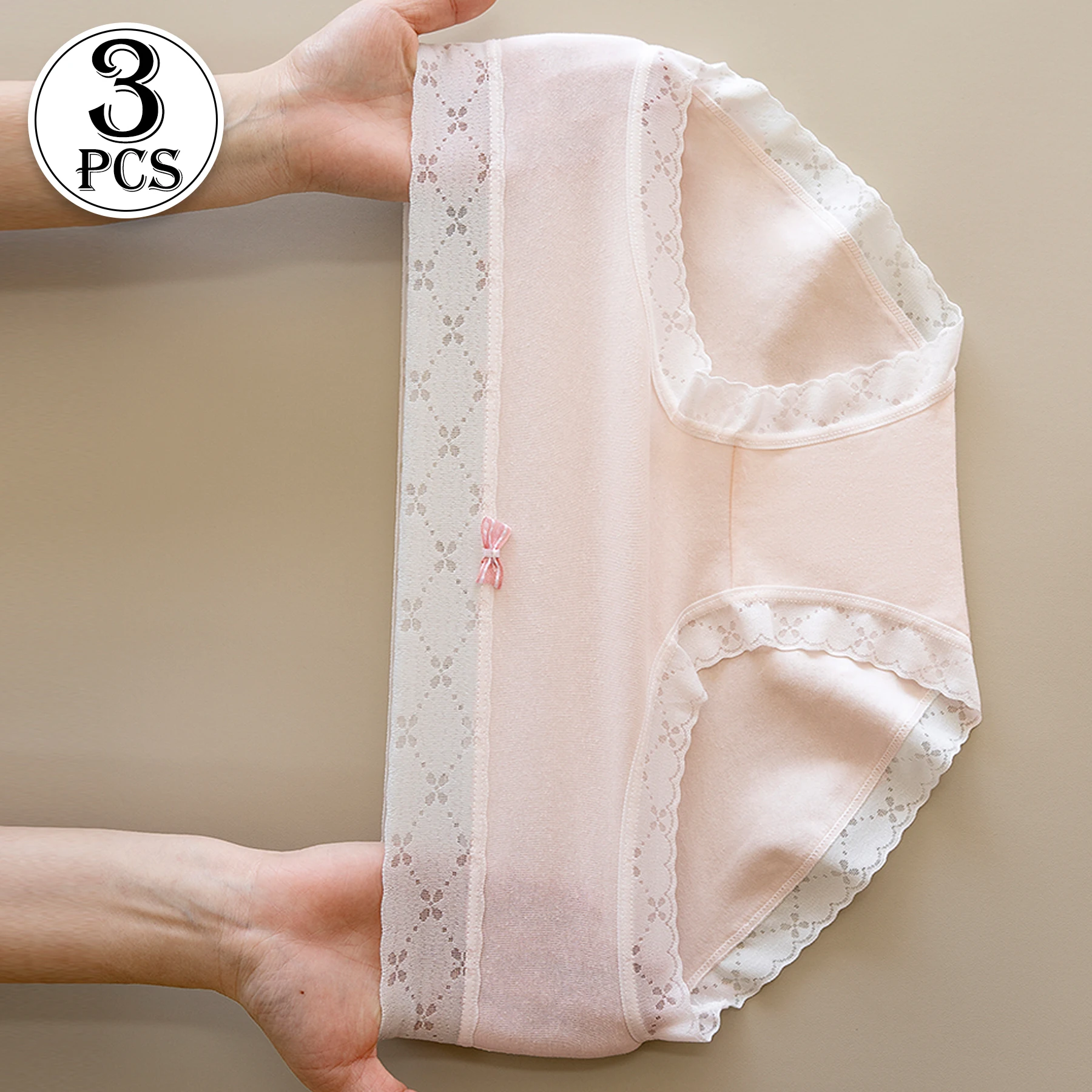 3PCS Japanese and Korean Style Women Girls Underwear Elegant Lace Trimmed Panties Simple Solid Color Breathable Briefs Everyday