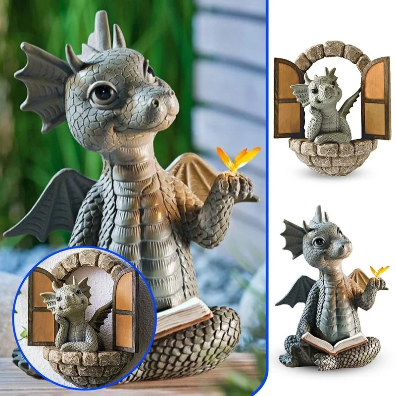 New Cute Little Dragon Dinosaur Meditation Reading Book Sculpture Figure Garden Home Decoration Resin Ornament Outdoor Decor