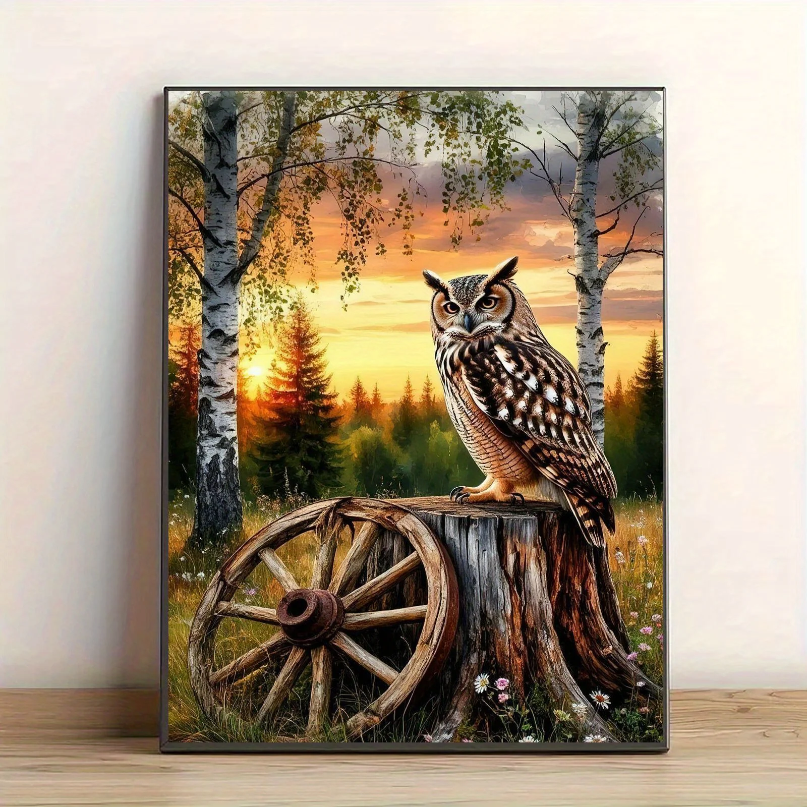 Professional Art Use, A Frameless Digital Painting Kit Featuring an Owl on a Tree Stump and a Forest Scene at Sunset. The Set