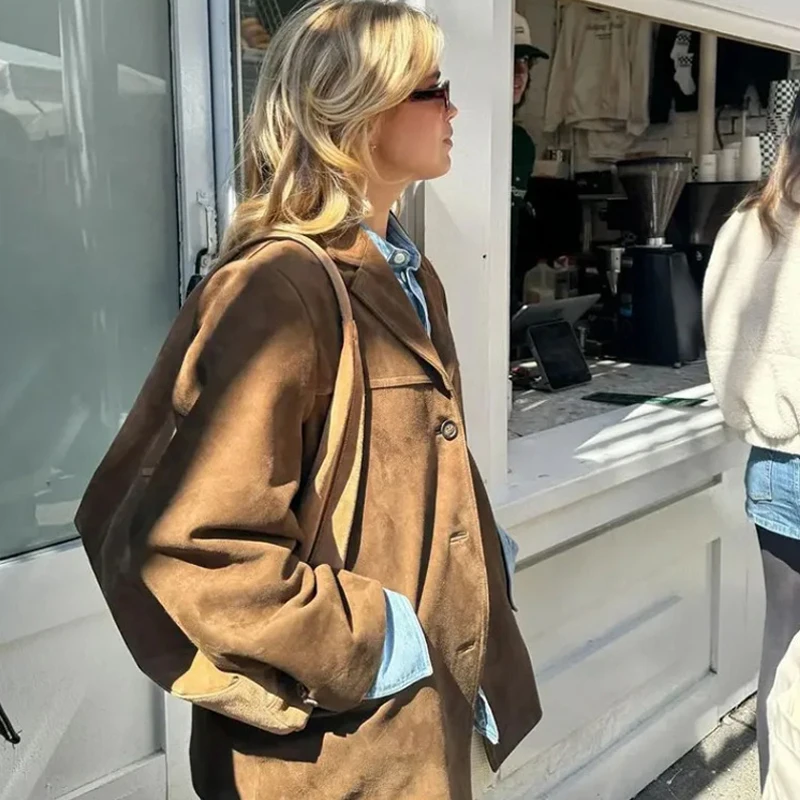 Vintage Suede Blazer แจ็คเก็ตฤดูใบไม้ร่วงฤดูหนาวผู้หญิงหลวม Single Breasted Coat กระเป๋าแฟชั่น Outwear Office Lady สั้น Coat