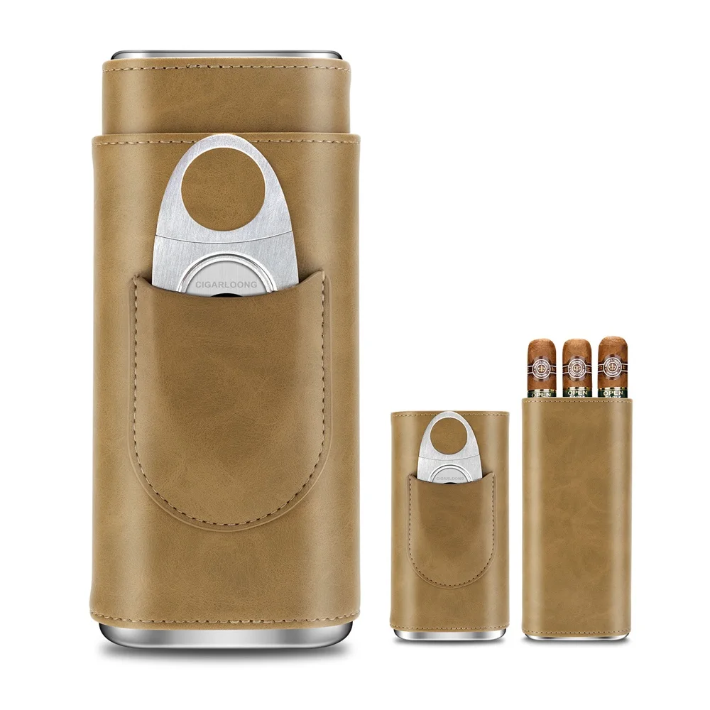 3-pack Cigar Case Portable Leather Holder Box Storage with Stainless Steel Sharp Cigar Cutter Luxury Smoking Accessories CH-24FA