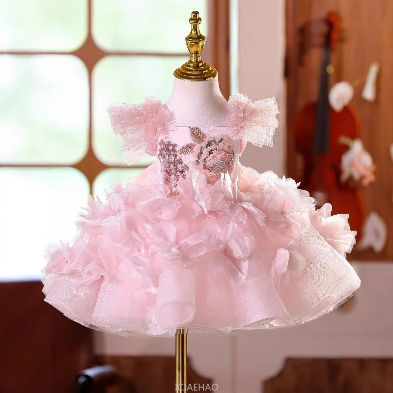 Wed Dress Clothes Pink Girls Birthday Princess Dresses Costume Children Wedding Flower Girl Kids Host Piano Performance Outfit