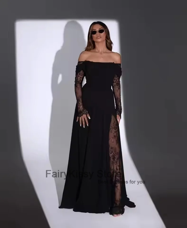 FairyKissy Black A-Line Prom Evening Dresses Sexy Long Sleeve Lace Split Satin Party Dress Formal Cocktail Prom Gowns