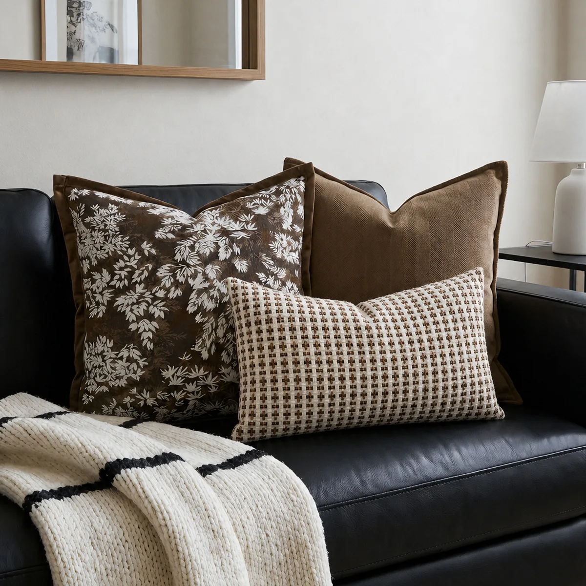 Textured Woven Cushion Cover Jacquard Floral Geometric Throw Pillow Case Beige Brown Piping Edge Wabi Sabi Farmhouse Home Decor