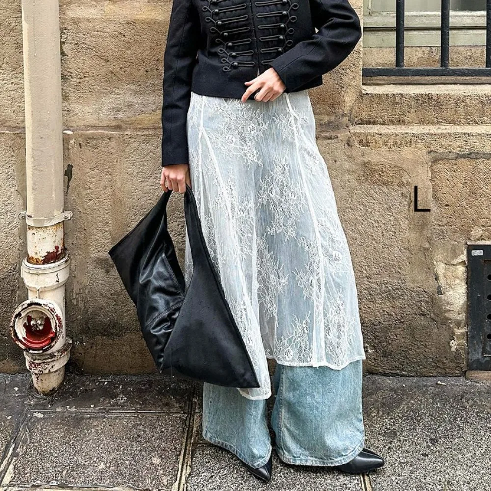 

High Waist Lace Midi Skirt Irregular Side Slit See Through Lace Drawstring Skirt Embroidered Flower Harajuku