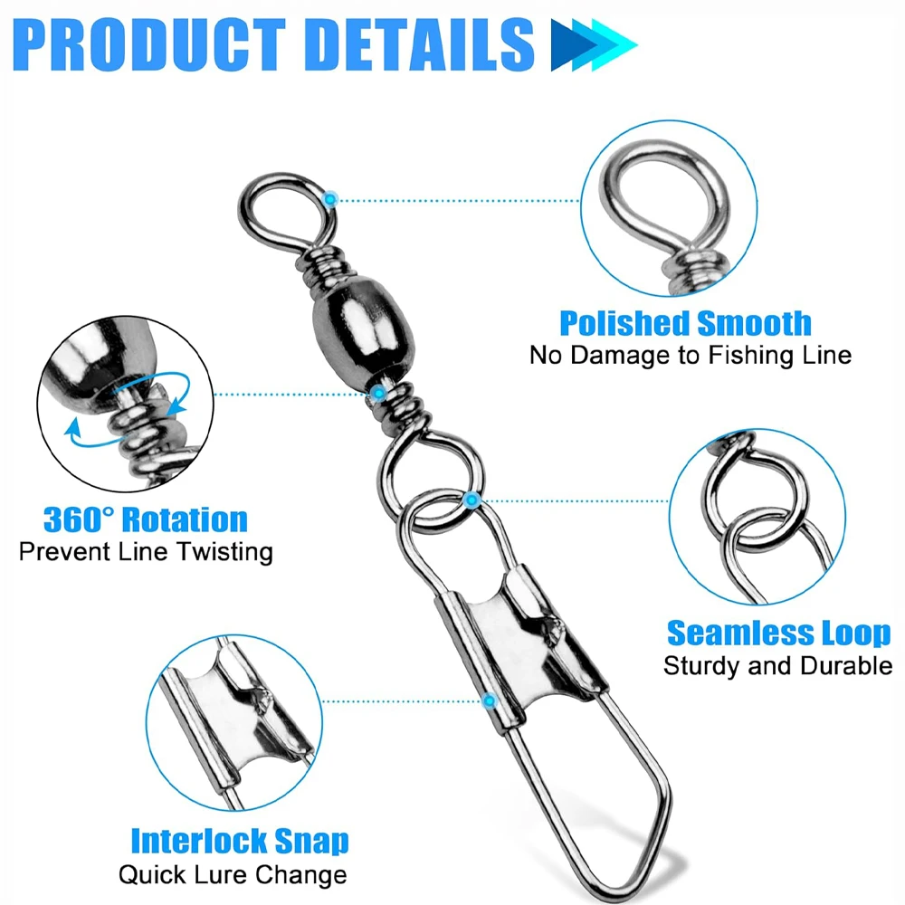 100pcs Fishing Swivels Snaps Kit Barrel Swivels with Safety Snaps High Strength Interlock Snaps Fishing Tackle Accessories