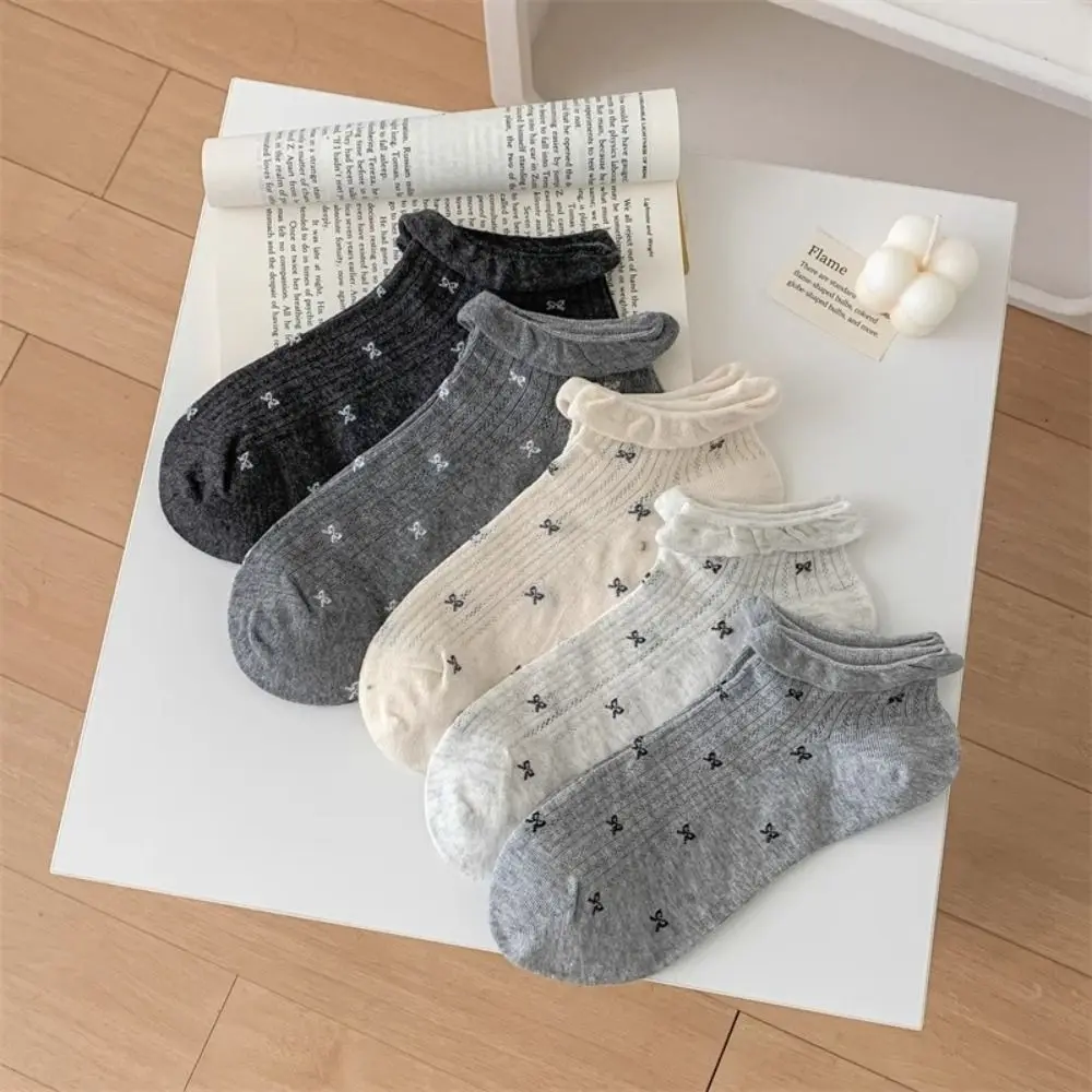 

5Pairs Cute Mesh Bow Short Socks Ruffle Breathable Sweet Ankle Socks Ballet Style Female Hosiery Tube Socks Women Lady