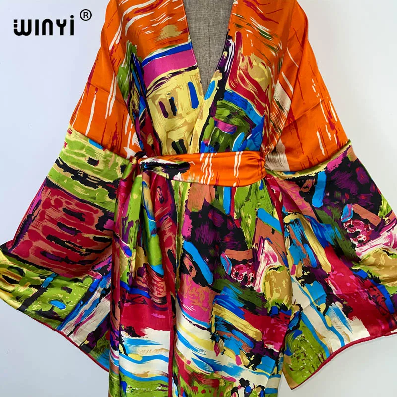 Winyi Bikini Cover-Ups Fashion Printing Zelf Belted Vrouwen Zomer Kleding Kimono Vakantie Jurk Strand Wear Swim Suit Cover up