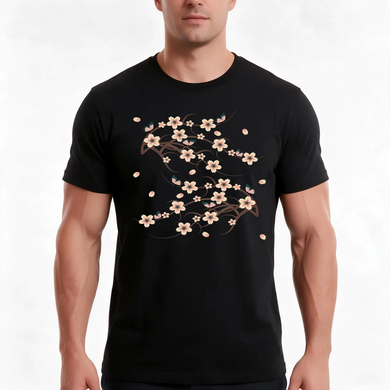 Cherry Blossom with butterflieswatercolor fashionDesigns T-Shirt, Summer Casual Cotton Tee, Oversized Streetwear Tops