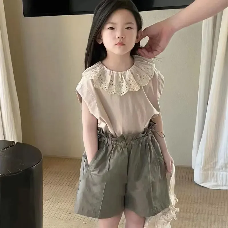 2026 Summer New Japan Korea Style Girls 2-Piece Set Petal Collar Drop Shoulder Top & High Waist Shorts Casual Kids Outfit