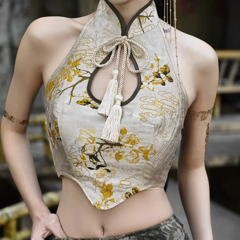FallenVex Store New Chinese Style Women Halter Crop Top Qipao Inspired Water Drop Neck Tassel Floral Print Fit Camisole Tank Top