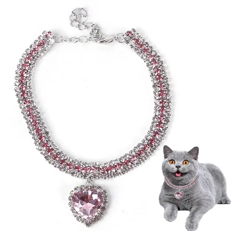 Rhinestone Cat Collar Puppy Chain Collar With Hear Pendant Cute Christmas Wedding Birthday Party Cat Necklace Accessories For